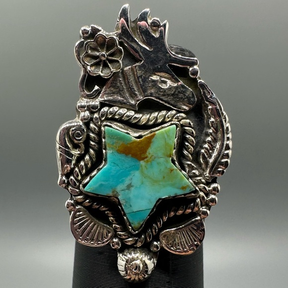 Sterling Silver 925 Turquoise Adjustable Star Ring Handmade Deer Floral Detail - Picture 1 of 10